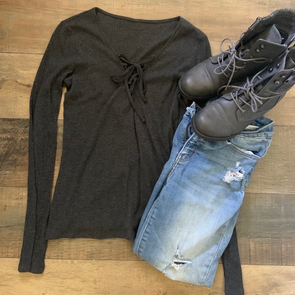 Gray Front Tie Long Sleeve